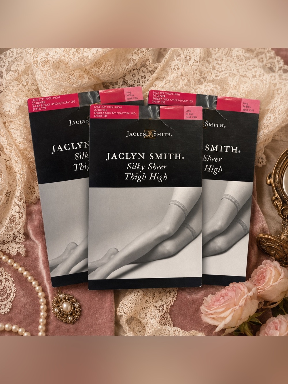 Vintage NOS Jaclyn Smith Silky Sheer Thigh High Stockings 3 Pack Jet Black Long